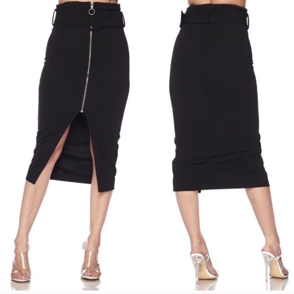 High waisted belted front zipper midi skirt NWOT